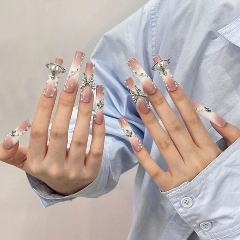 Handmade Pink White Gradient Press On Nails 3D Butterfly Saturn Orb Charm Long Coffin False Nails With Artificial Pearls Rhinestones