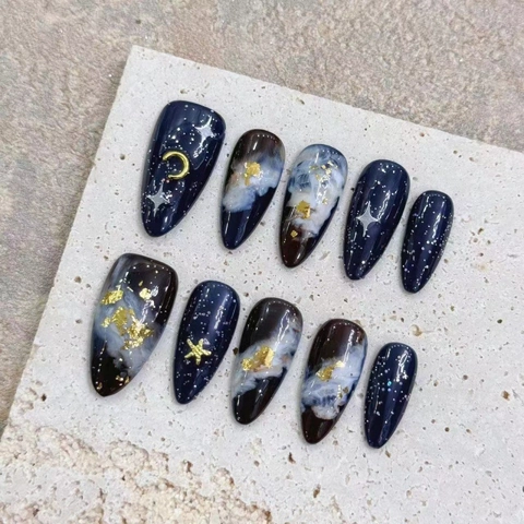 Handmade Starry Sky Galaxy Press On Nails Dark Blue Hand-Painted Artistic Fake Nails With 3D Moon Star Charms For Women