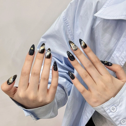 Handmade Starry Sky Galaxy Press On Nails Dark Blue Hand-Painted Artistic Fake Nails With 3D Moon Star Charms For Women