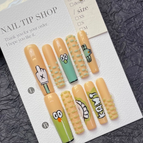 Handgemaakte Lange Coffin Press On Nails 3D Reliëf Cartoon Kunst Handgeschilderde Verwijderbare Manicure Voor Vrouwen Sieraden