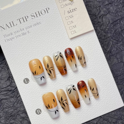 Handgemaakte Nieuwe Chinese Stijl Coffin Plaknagels Herfst Esdoornblad Gradiënt Bruin Goud Shimmer Cat Eye Kunstnagels