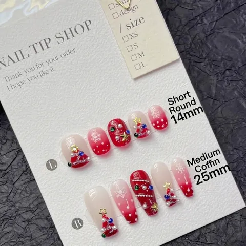 Unghie Finte Artigianali Natalizie Sfumatura Rossa Bianca Fiocco di Neve 3D Strass Perla Artificiale Nail Art Donna