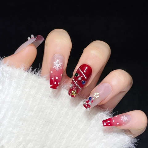 Unghie Finte Artigianali Natalizie Sfumatura Rossa Bianca Fiocco di Neve 3D Strass Perla Artificiale Nail Art Donna