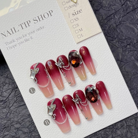 Handmade Burgundy Gradient Coffin Press On Nails Luxury Butterfly Gemstone Decor Resin Rhinestone Nails For Women Jewelry