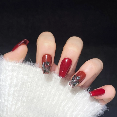 Unghie Finte Fatte a Mano Rosso Vino Stile Francese Fiocco Strass 3D Corte Unghie Finte Riutilizzabili per Donna Manicure Elegante