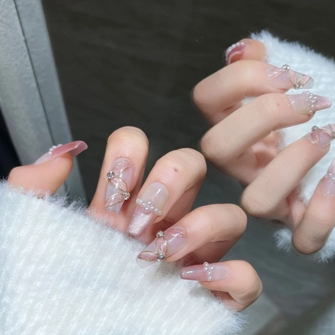 Handgemaakte Kunstnagels Romantisch Ballet Strik Kunstparel Kattenoog Roze Verloop Coffin Vorm Herbruikbare Nagels Vrouwen
