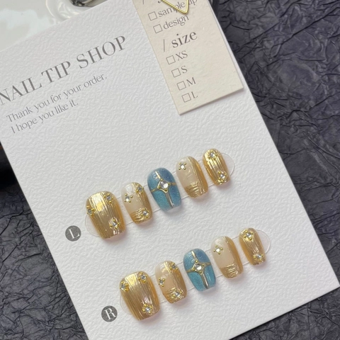 Unghie Finte Artigianali di Lusso Vintage Mito Stella Luna Corte Quadrate Rotonde Oro Blu Strass Künstliche Perle Manicure Donna
