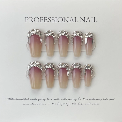 Handmade Coffin Press On Nails Gradient Pink Purple Rhinestone Luxury Sparkling Fake Nails For Women Daily Party Wear