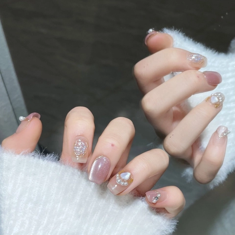 Faux Ongles Faits à la Main Thème Fée de la Lune Oeil de Chat Avec Künstliche Perles Strass Style Français Ongles Coffin pour Femmes