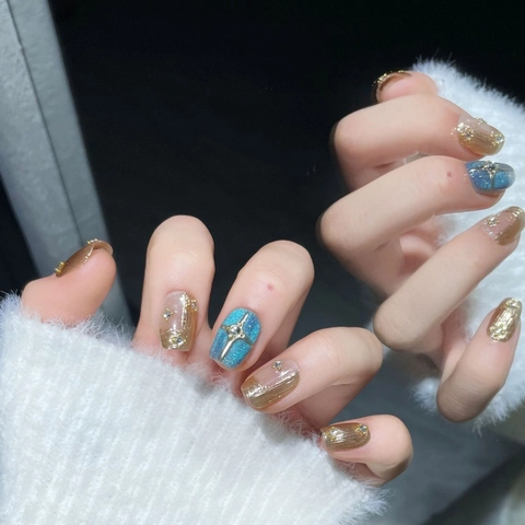 Unghie Finte Artigianali di Lusso Vintage Mito Stella Luna Corte Quadrate Rotonde Oro Blu Strass Künstliche Perle Manicure Donna