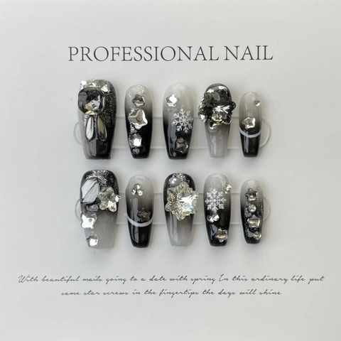 Unghie Finte Artigianali di Lusso Sfumate Nero Grigio Fiocco di Neve Strass Stella Design Invernale Set da 10 Pezzi