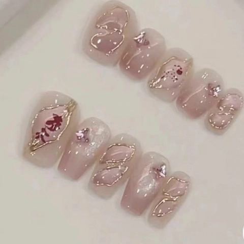 Unghie Finte Artigianali Occhio di Gatto Lucide Sfumate Rosa Nero Farfalla Decorazione con Strass Unghie Artificiali Donna