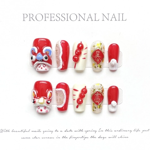 Handmade Chinese New Year Lion Dance Press On Nails 3D Red Gold Foil Festive Artificial Nails For Women Party Manicure