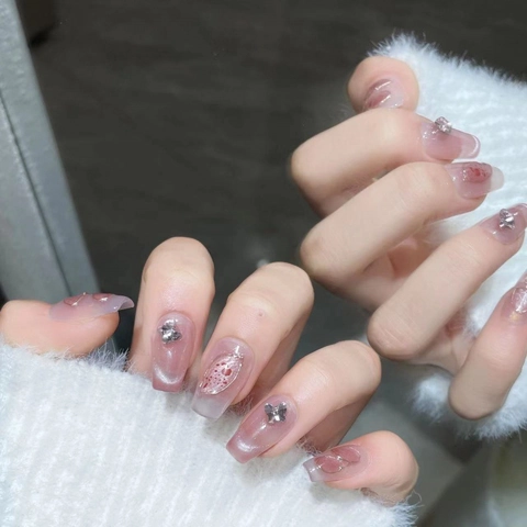 Unghie Finte Artigianali Occhio di Gatto Lucide Sfumate Rosa Nero Farfalla Decorazione con Strass Unghie Artificiali Donna