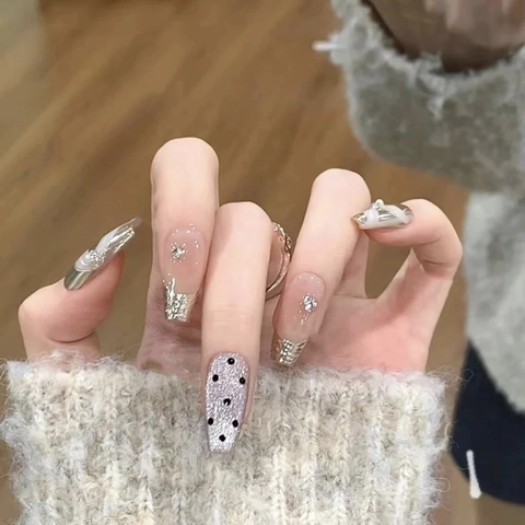 Uñas Postizas Coffin Hechas a Mano Con Lazo 3D Strass Perla Artificial Lunares Diseño Francés Polvo de Espejo para Mujeres
