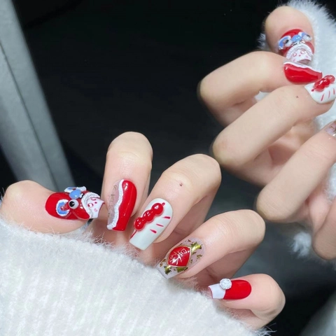 Handmade Chinese New Year Lion Dance Press On Nails 3D Red Gold Foil Festive Artificial Nails For Women Party Manicure