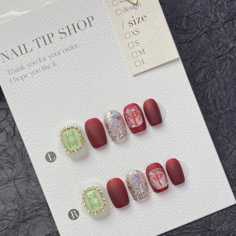Handgefertigte Matte Rote Mahjong Künstliche Nägel Strass Glitzer Elegante Falsche Nägel Traditioneller Kunststil Für Damen Feier