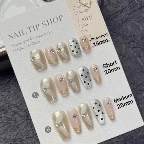 Uñas Postizas Coffin Hechas a Mano Con Lazo 3D Strass Perla Artificial Lunares Diseño Francés Polvo de Espejo para Mujeres