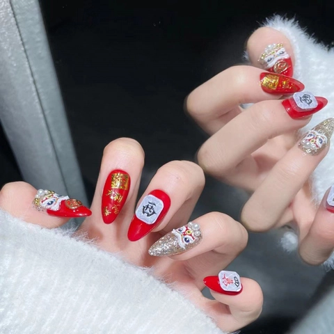 Chinese Style 3D Relief Lion Dance Press On Nails Red Gold Mahjong Design Handmade False Nails For Women Festive Jewelry Art