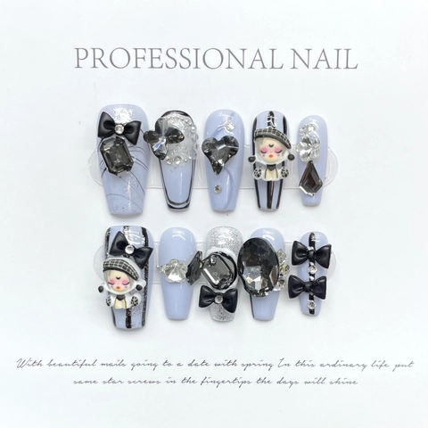 Uñas Postizas Hechas a Mano 3D Lazo Corazón Strass Morado Oscuro Estilo Y2K Dulce y Genial Con Decoración de Niña de Dibujos