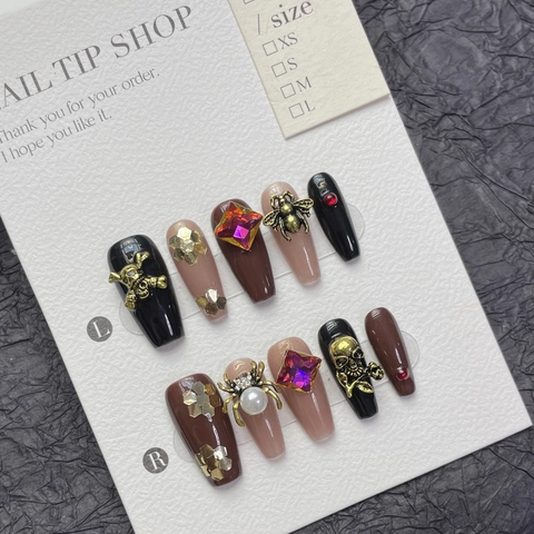 Uñas Postizas a Presión Góticas de Halloween Hechas a Mano Araña Calavera Ataúd Con Diamantes de Imitación Perla Artificial Para Mujer