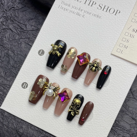 Uñas Postizas a Presión Góticas de Halloween Hechas a Mano Araña Calavera Ataúd Con Diamantes de Imitación Perla Artificial Para Mujer
