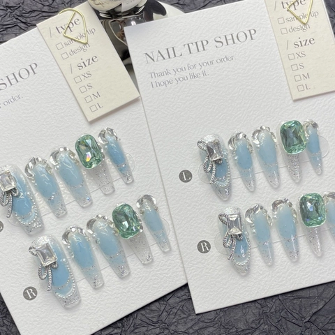 Handgefertigte Aufdrücknägel Hellblau Verlauf Silber Glitzer Mit Strass Perle Schleife Dekor Luxus Lange Sarg Falsche Nägel Für Damen