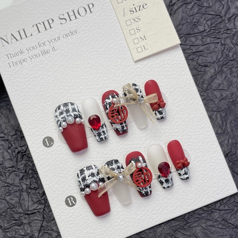 Handgemaakte Plaknagels in Tweed Stijl Met 3D Strik Parel Strass Rode Matte Kunstnagels Voor Dames Nieuwjaar