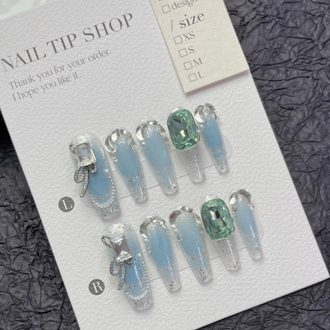 Handgefertigte Aufdrücknägel Hellblau Verlauf Silber Glitzer Mit Strass Perle Schleife Dekor Luxus Lange Sarg Falsche Nägel Für Damen