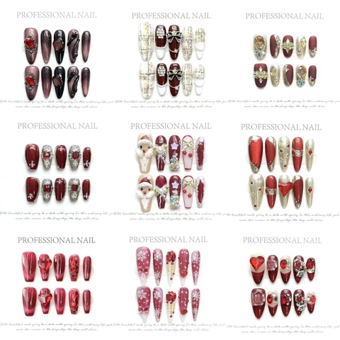 Set Unghie Finte da Applicare Fatto a Mano Lusso Rosso Oro Strass 3D Fiocco Danza del Leone Cuore Unghie Festive per Donna Festa Matrimonio