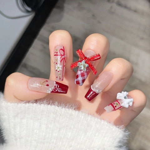 Uñas Postizas Hechas a Mano Navidad Rojo Cereza Cuadros Uñas a Presión Trapezoidal Largo Perla Artificial Strass Lazo Mujer