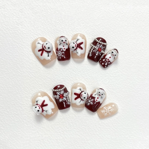 Unghie Finte da Applicare 3D Pupazzo di Neve Natale Fatte a Mano Invernali Fiocco di Neve Rosso Bianco Decorative Donna