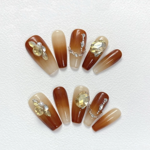 Uñas Postizas Hechas a Mano Ámbar Naranja Degradado Con Strass Perla Artificial Lujo Ataúd Largo Uñas Postizas Mujer