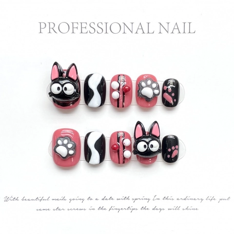 Faux Ongles à Presser 3D Faits à la Main Sweet Cool Rose Noir Design Patte de Chat Ongles Brillants en Relief pour Femme