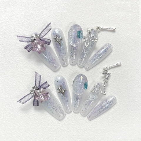 Unghie Finte Fatte a Mano Lusso Cristallo Brillante Farfalla Perla Viola Romantico Stile Sakura Occhio di Gatto