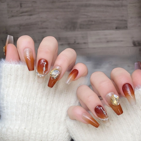 Uñas Postizas Hechas a Mano Ámbar Naranja Degradado Con Strass Perla Artificial Lujo Ataúd Largo Uñas Postizas Mujer