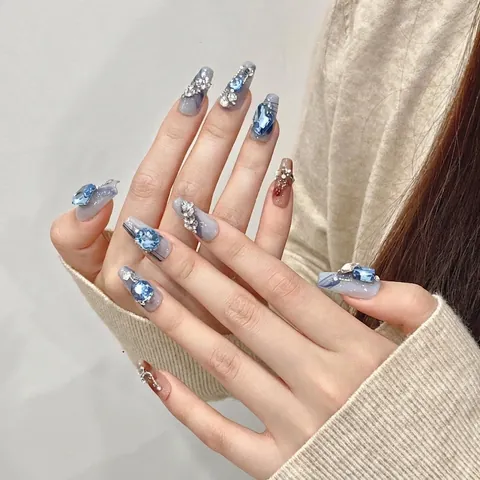 Unghie Finte Lunghe a Bara Fatte a Mano Trama Marmo Blu Con Strass 3D Elegante Motivo Farfalla per Donna
