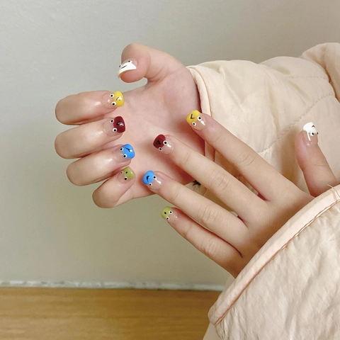 Unghie Finte per Bambini Stile Occhio di Cartone Animato Tondo Corto Riutilizzabili Decorazione Unghie Bambini