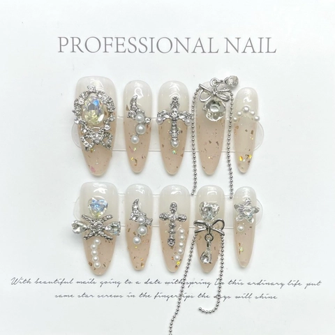 Handgefertigt Luxus Aufpressbare Nägel Feen-Stil Mit Schleife Kettenanhänger Strass Künstliche Perle Koreanische Mode Dekorative Nägel