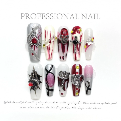 Uñas Postizas a Presión Góticas de Calavera de Sangre Hechas a Mano Ataúd Elfo Oscuro Araña Halloween Rojo Oscuro Plata Blanco Metal 3D