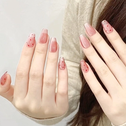 Pink Cat Eye Coffin Press On Nails Red Polka Dot Pattern Jelly Gradient Glossy Artificial Nails For Women Daily Nail Art Decor