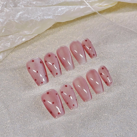 Pink Cat Eye Coffin Press On Nails Red Polka Dot Pattern Jelly Gradient Glossy Artificial Nails For Women Daily Nail Art Decor