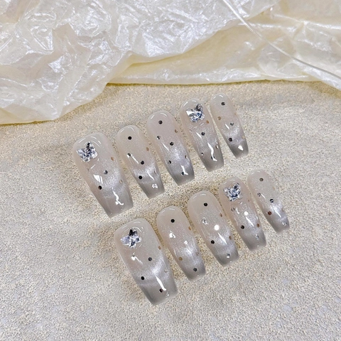Luxe Grijze Kattenoog Press On Nagels Met 3D Strass Vlinder Gradiënt Lange Coffin Kunstnagels Voor Vrouwen Banket Feest