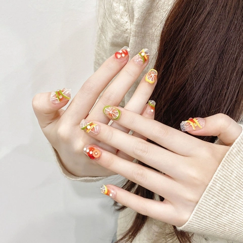 Handmade Press On Nails Summer Fresh Fruit 3D Lemon Strawberry Pattern Short Square Round Women Nail Art Stickers