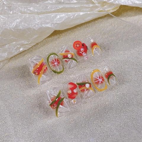 Handmade Press On Nails Summer Fresh Fruit 3D Lemon Strawberry Pattern Short Square Round Women Nail Art Stickers