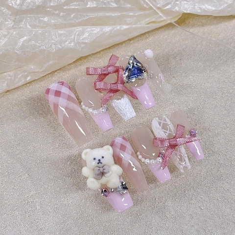 Unghie Finte Lunga Bara Rosa Fatte a Mano Con Decorazione 3D Orso Fiocco Künstliche Perle Strass Stile Francese Dolce Set Unghie