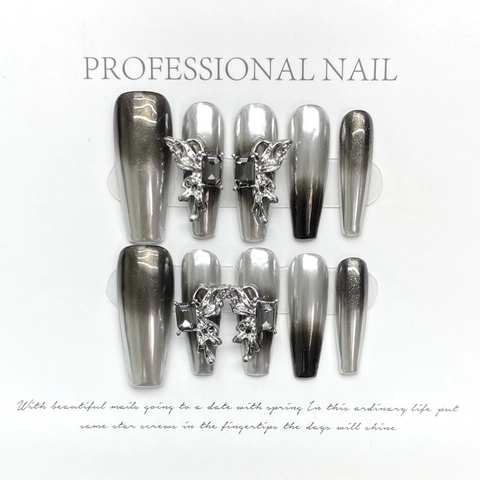 Uñas Postizas Hechas a Mano Plata Negro Ojo de Gato Degradado Ataúd Largo Mariposa Metal 3D Uñas Góticas