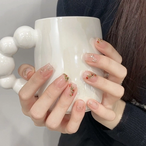 Handmade Press On Nails Floral Berry Pattern Nude Pink Square False Nails Elegant Sweet Manicure For Women