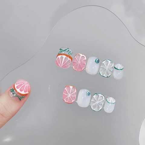 Handgefertigte Künstliche Nägel 3D Grapefruit Zitrone Frucht Relief Rosa Weiß Glänzend Fruchscheiben Design Für Damen Alltag