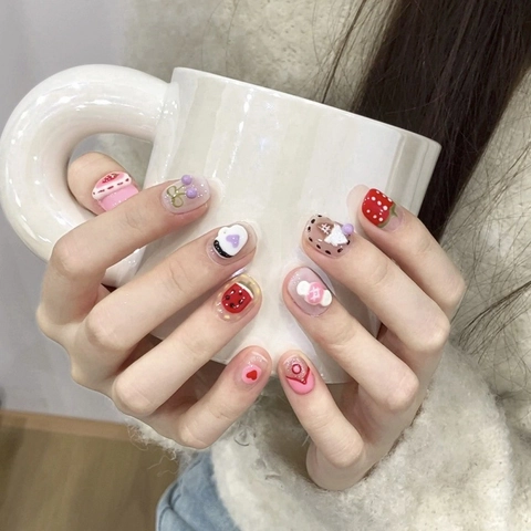 Handmade Press On Nails Sweet Dopamine Dessert House Pink Red Strawberry Donuts 3D Relief Square Round Short Fake Nails